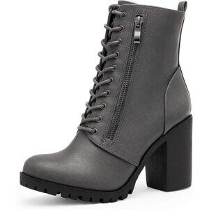 Women's Polyurethane (PU) Grey Combat Ankle Chunky Heel Lace up Heeled Booties